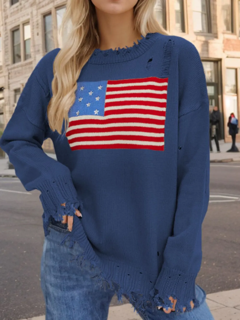 US Flag Distressed Round Neck Long Sleeve Sweater, image 6