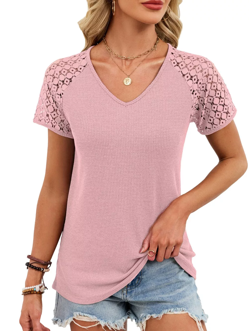 Lace Sleeve V-Neck Waffle Knit T-Shirt, image 16