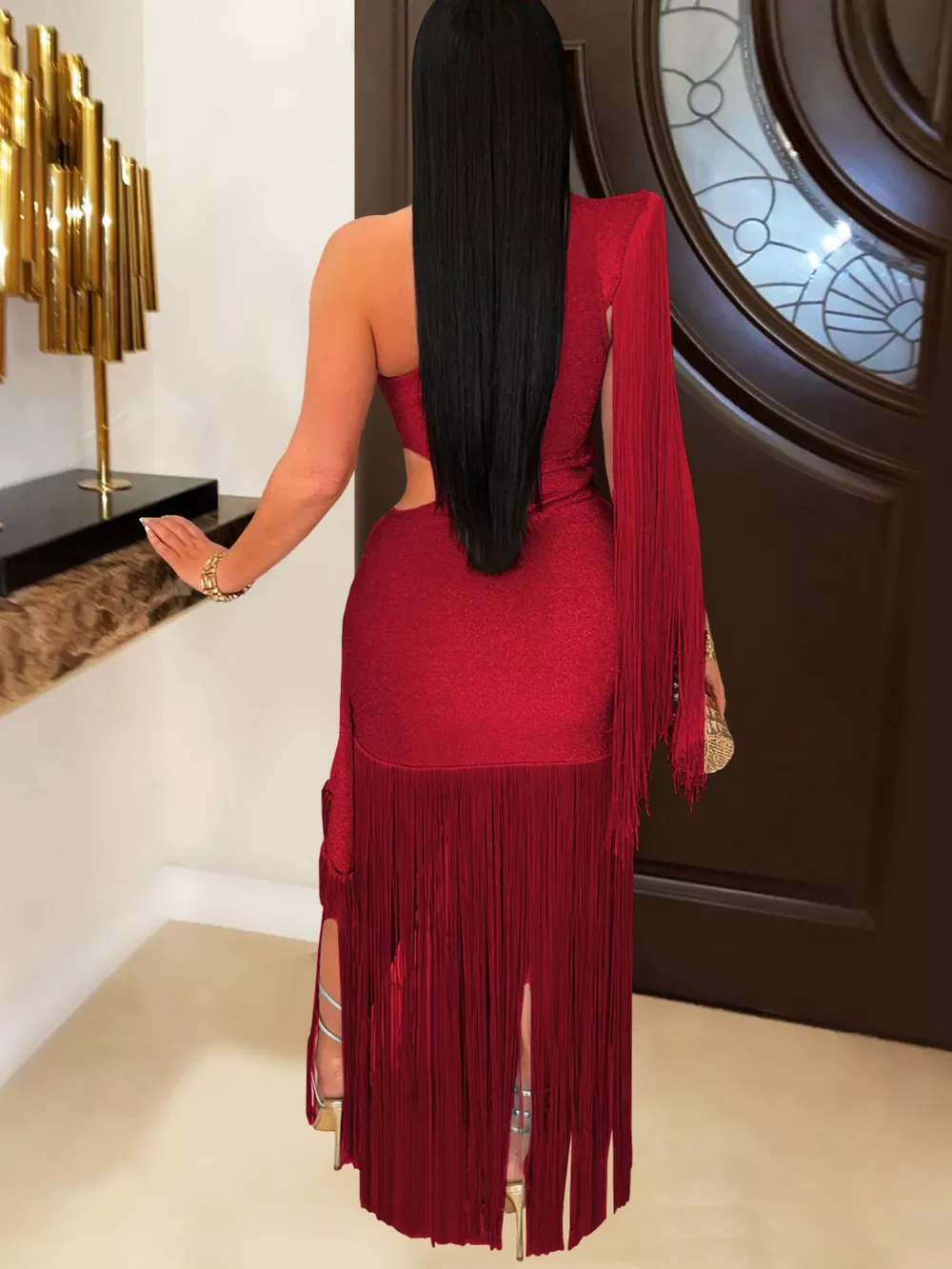 One-Shoulder Cutout Fringe Bodycon Party Dress, image 4
