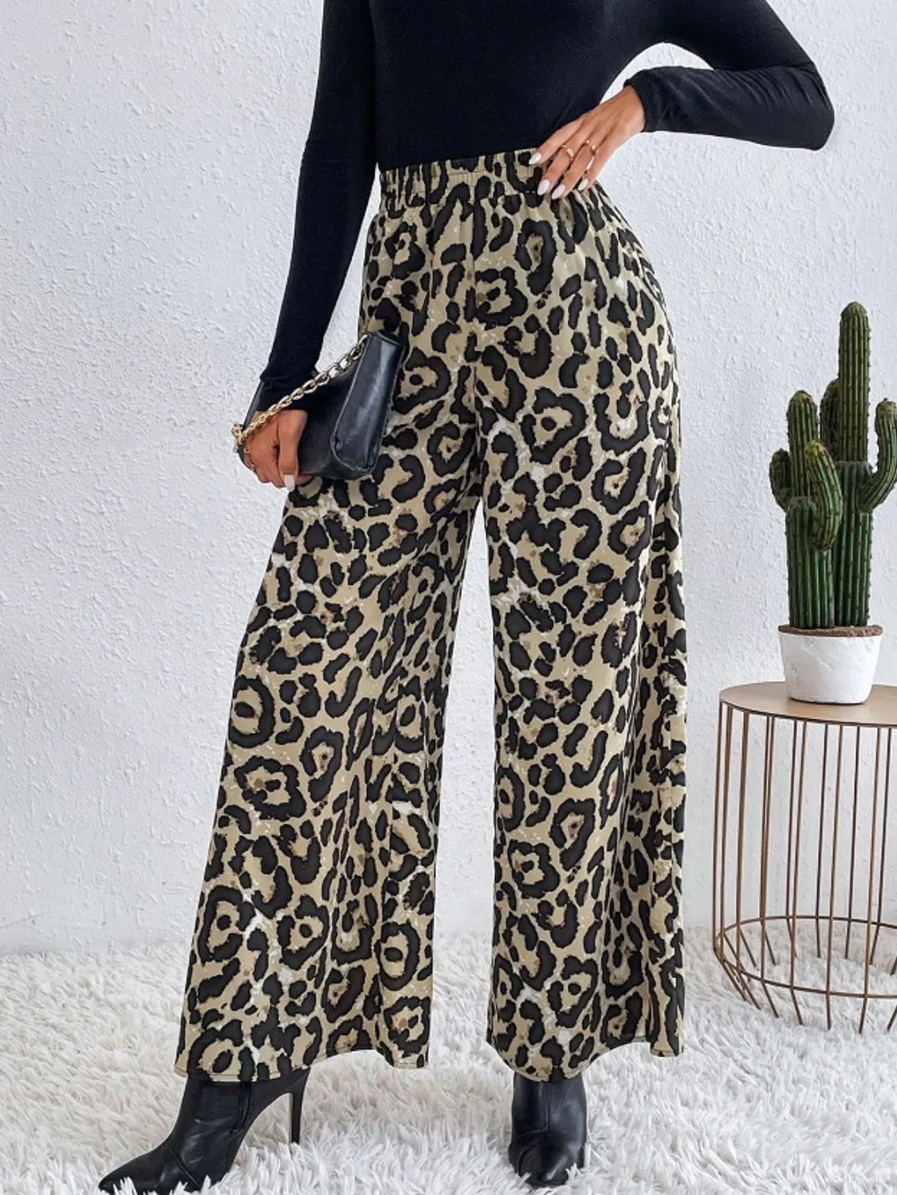 Printed Elastic Waist Wide Leg Pants, image 6