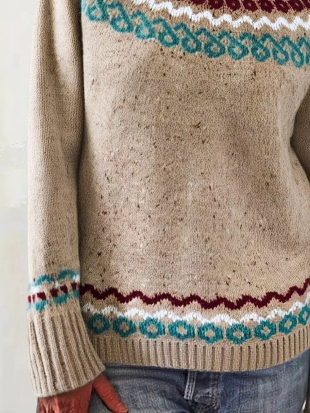Full Size Vintage Patterned Round Neck Sweater Plus Size, image 6