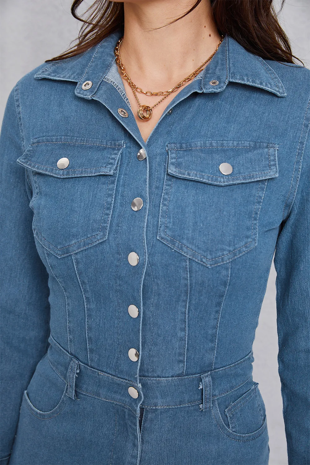 Snap Down Denim Jumpsuit with Pockets, image 8