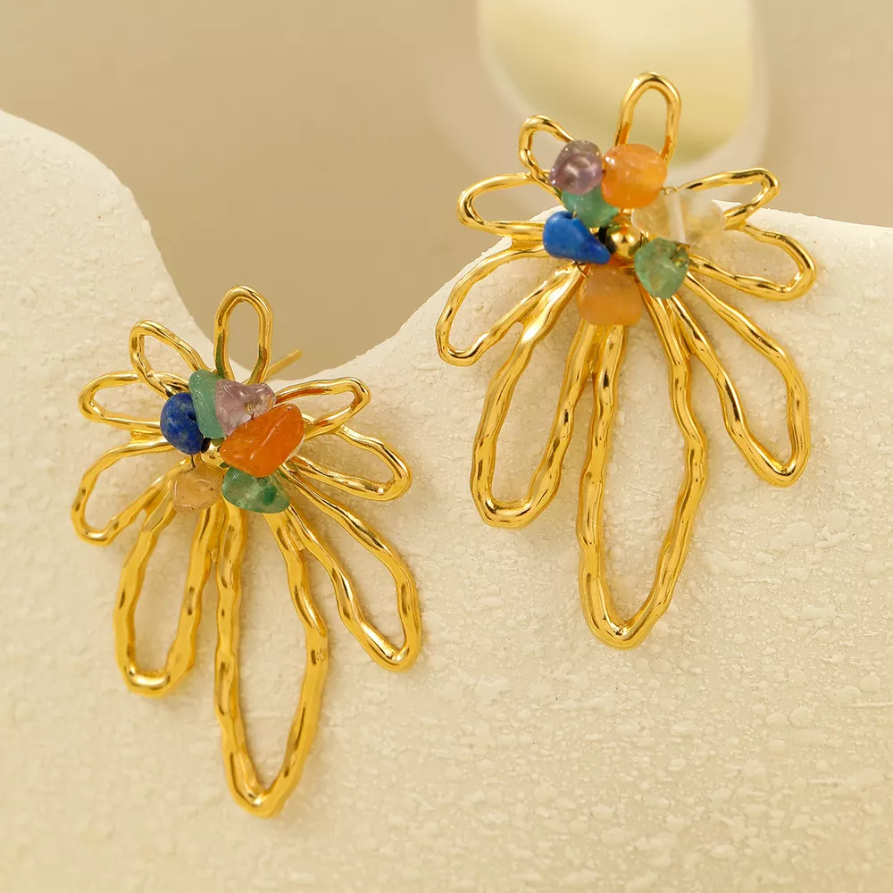 18K Gold-Plated Natural Stone Flower Earrings, image 3