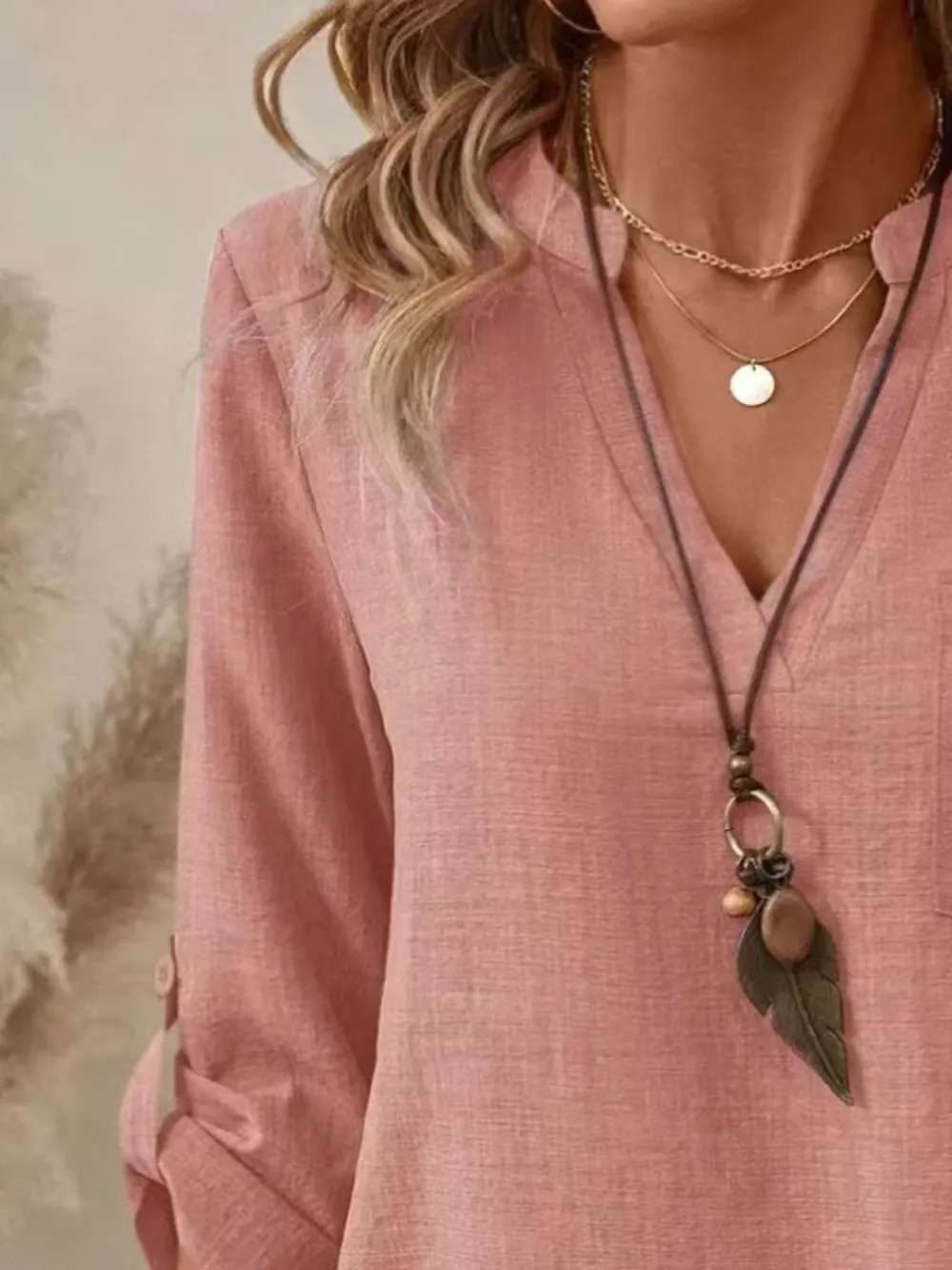 Casual Notched Roll-Up Sleeve Pocket Blouse, image 14
