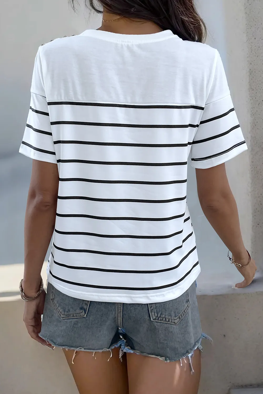 Decorative Button Striped Short Sleeve T-Shirt, image 6