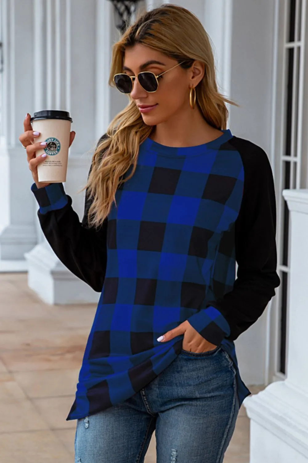 Plaid Round Neck Long Sleeve T-Shirt, image 12