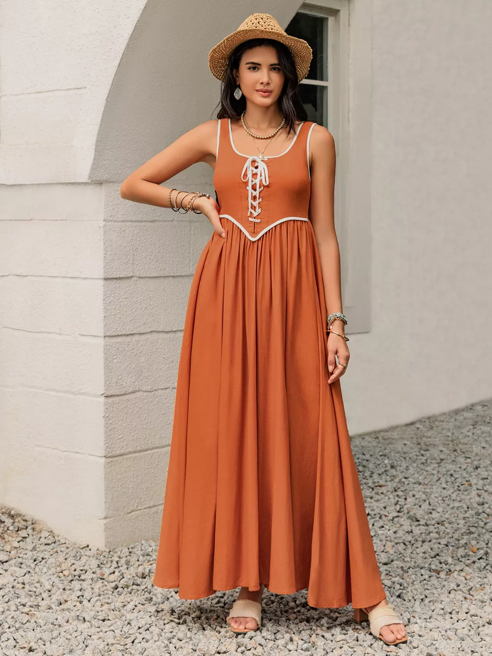 Contrast Trim Lace-Up Maxi Tank Dress, image 5