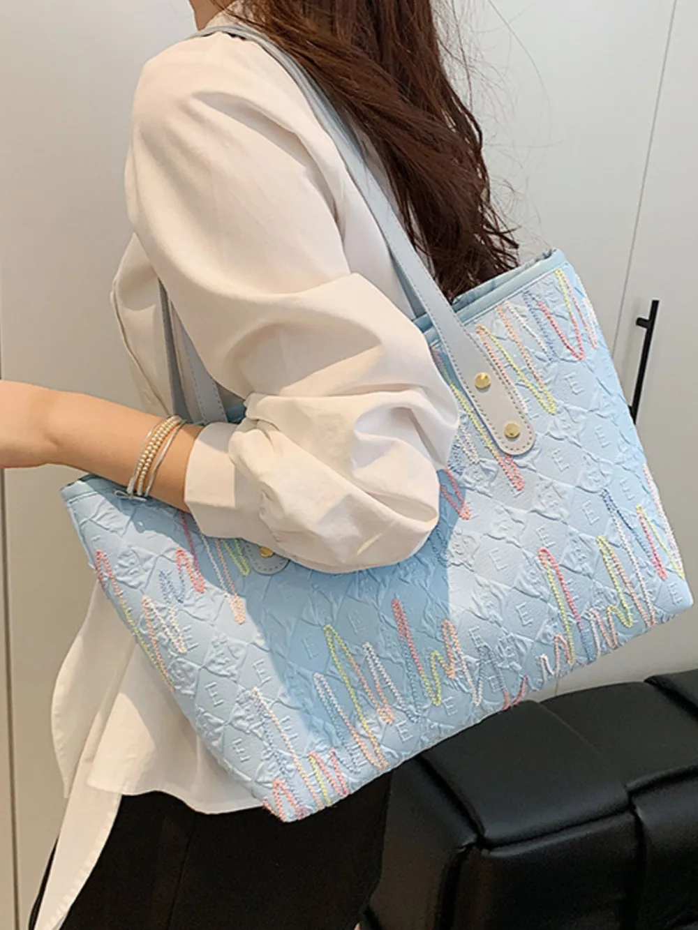 Contrast PU Leather Tote Bag, image 6