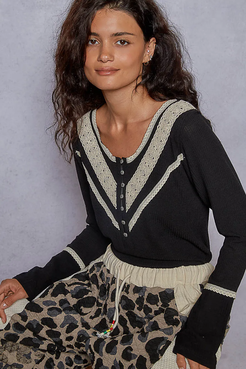 Ribbed Half Button Lace Detail Knit Top, image 2