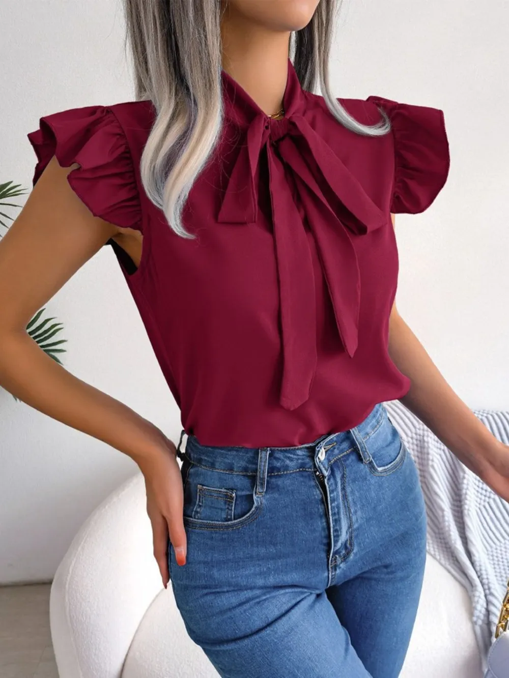 Ruffle Cap Sleeve Bow Tie Blouse, image 16