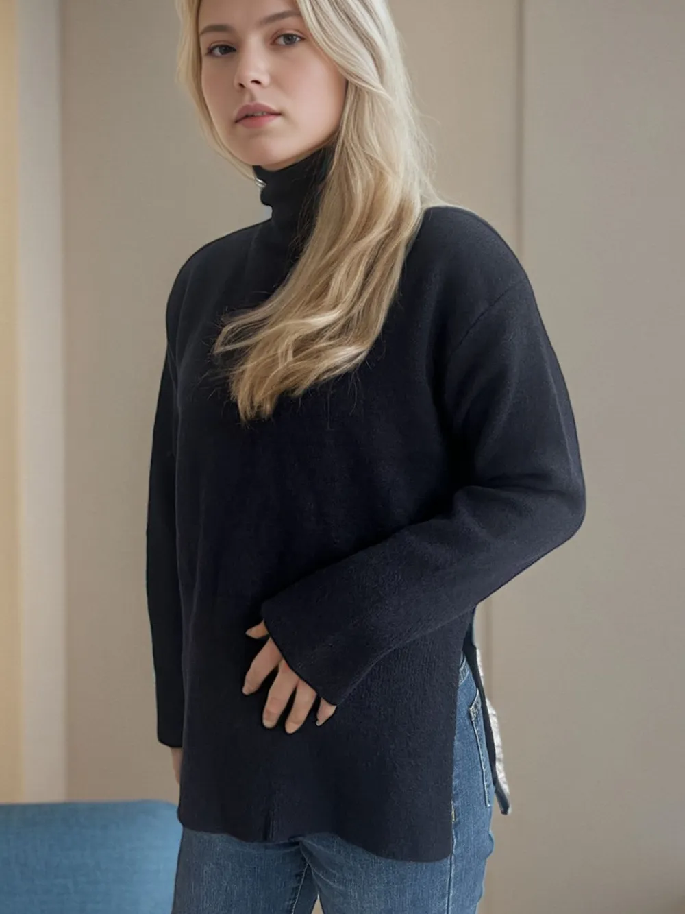 Side Slit Turtleneck Long Sleeve Sweater, image 13
