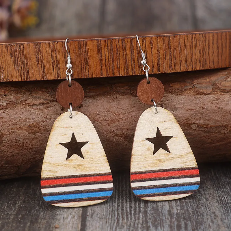 Cutout Star & Stripes Wooden Dangle Earrings, image 3