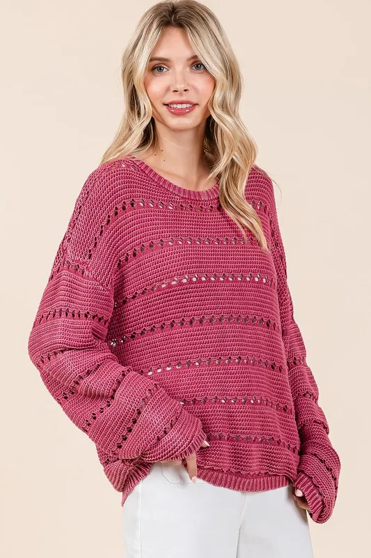 Openwork Round Neck Drop Shoulder Sweater, image 3