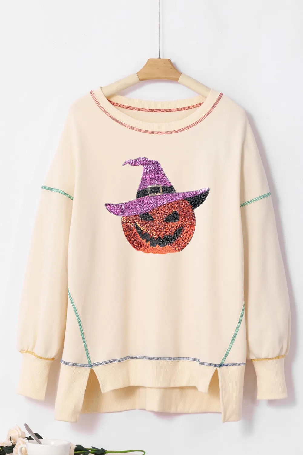 Contrast Stitching Sequin Pumpkin Round Neck Long Sleeve Sweatshirt, image 3