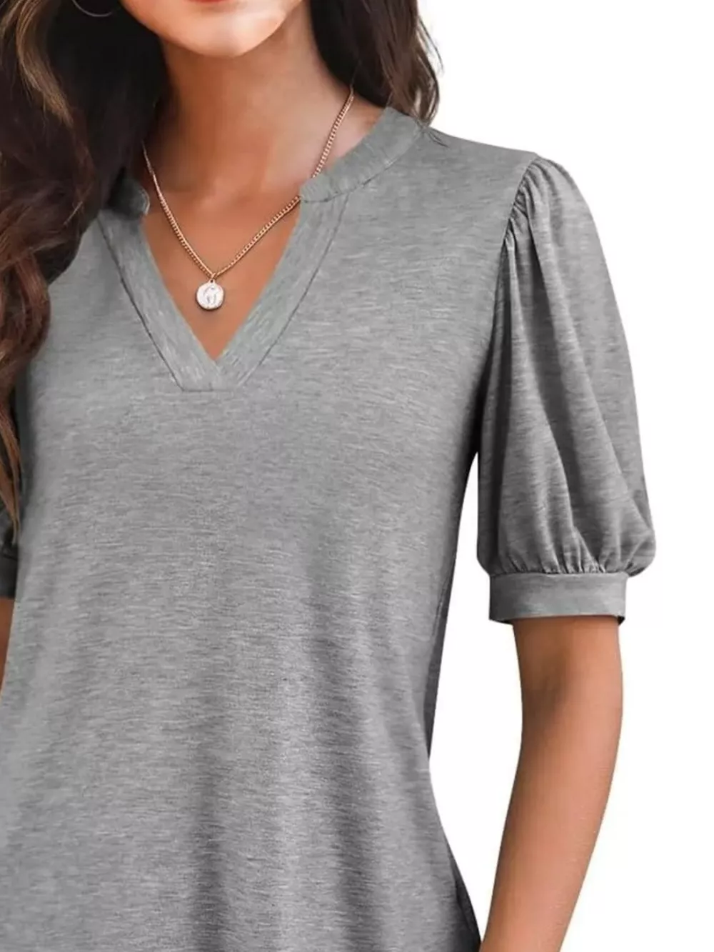 Puff Sleeve Notched Casual T-Shirt, image 29