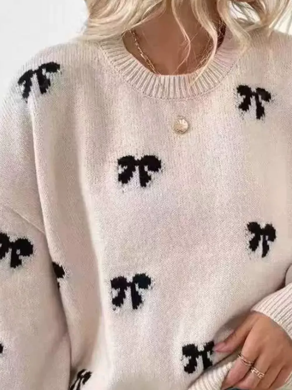 Bow Round Neck Dropped Shoulder Sweater, image 5