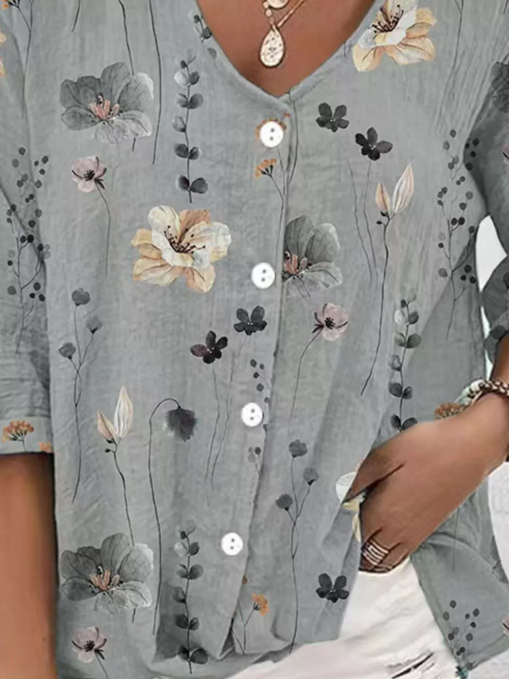 Floral Print V-Neck Button-Down Shirt, image 8