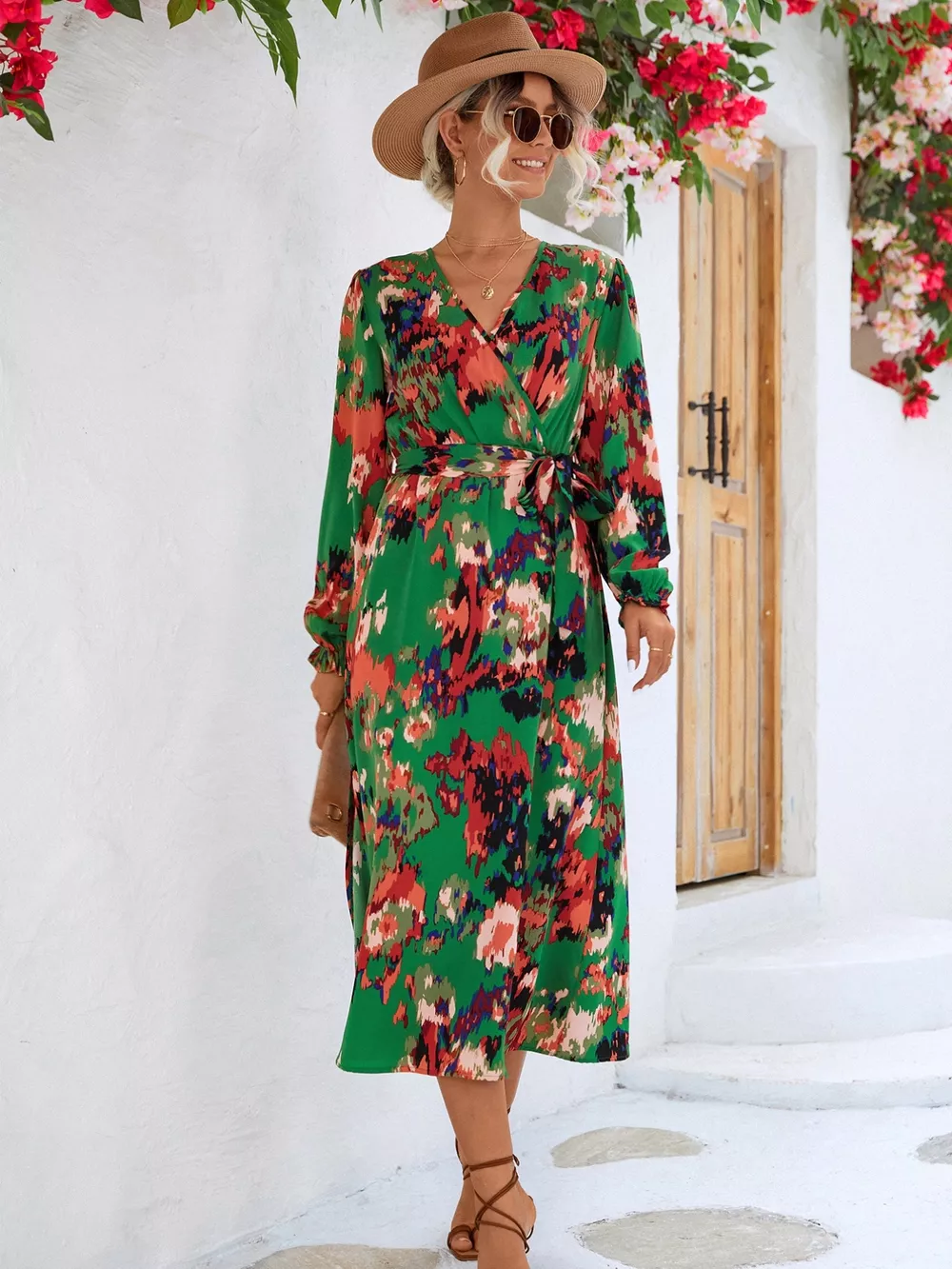 Printed Surplice Long Sleeve Midi Dress, image 10