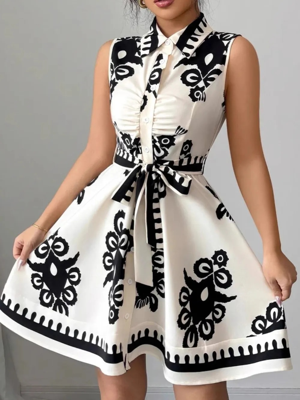 Printed Sleeveless Tie Waist Mini Dress, image 3