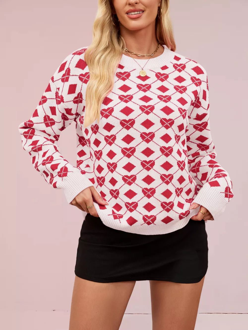 Heart & Diamond Pattern Long Sleeve Sweater, image 2