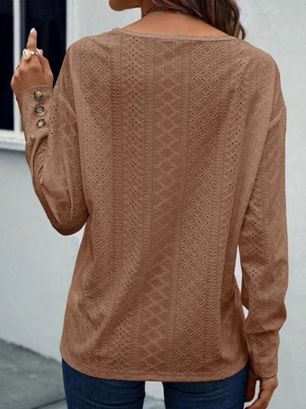 Eyelet V-Neck Long Sleeve T-Shirt, image 15