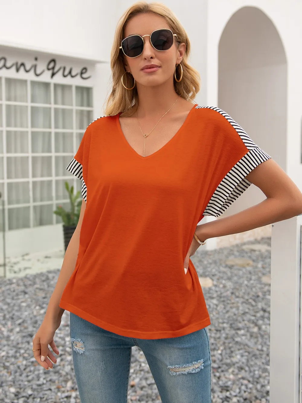 Striped V-Neck Short Sleeve T-Shirt, image 14