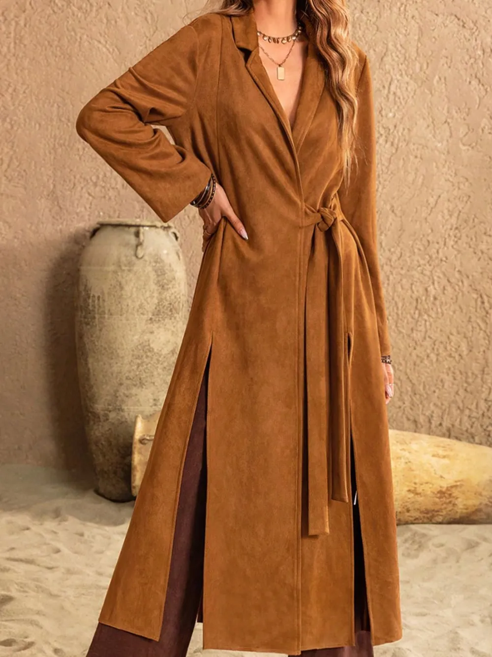 Slit Tied Collared Neck Longline Coat, image 7