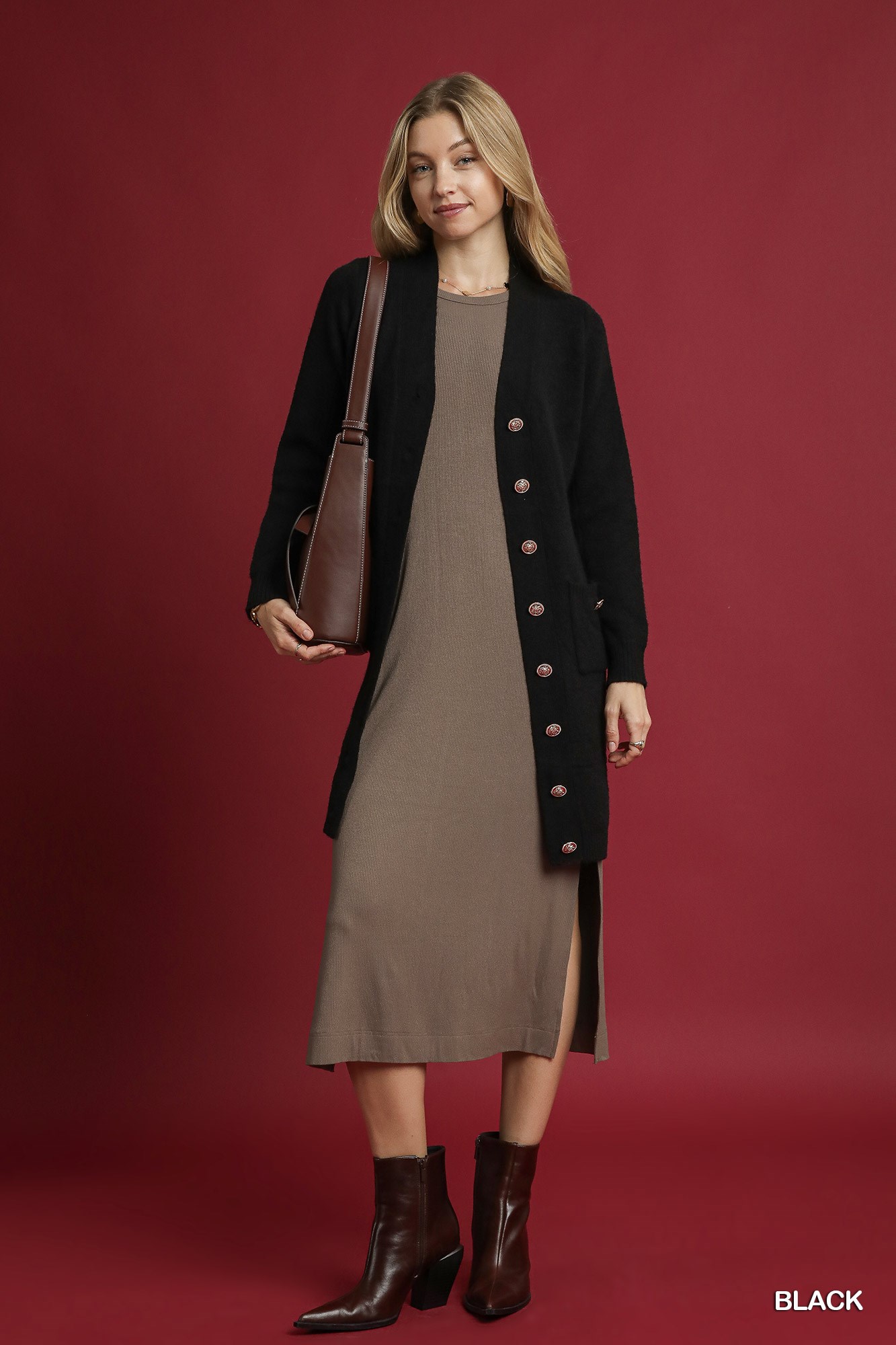 Button-Down Longline Sweater Cardigan with Front Pockets, image 3