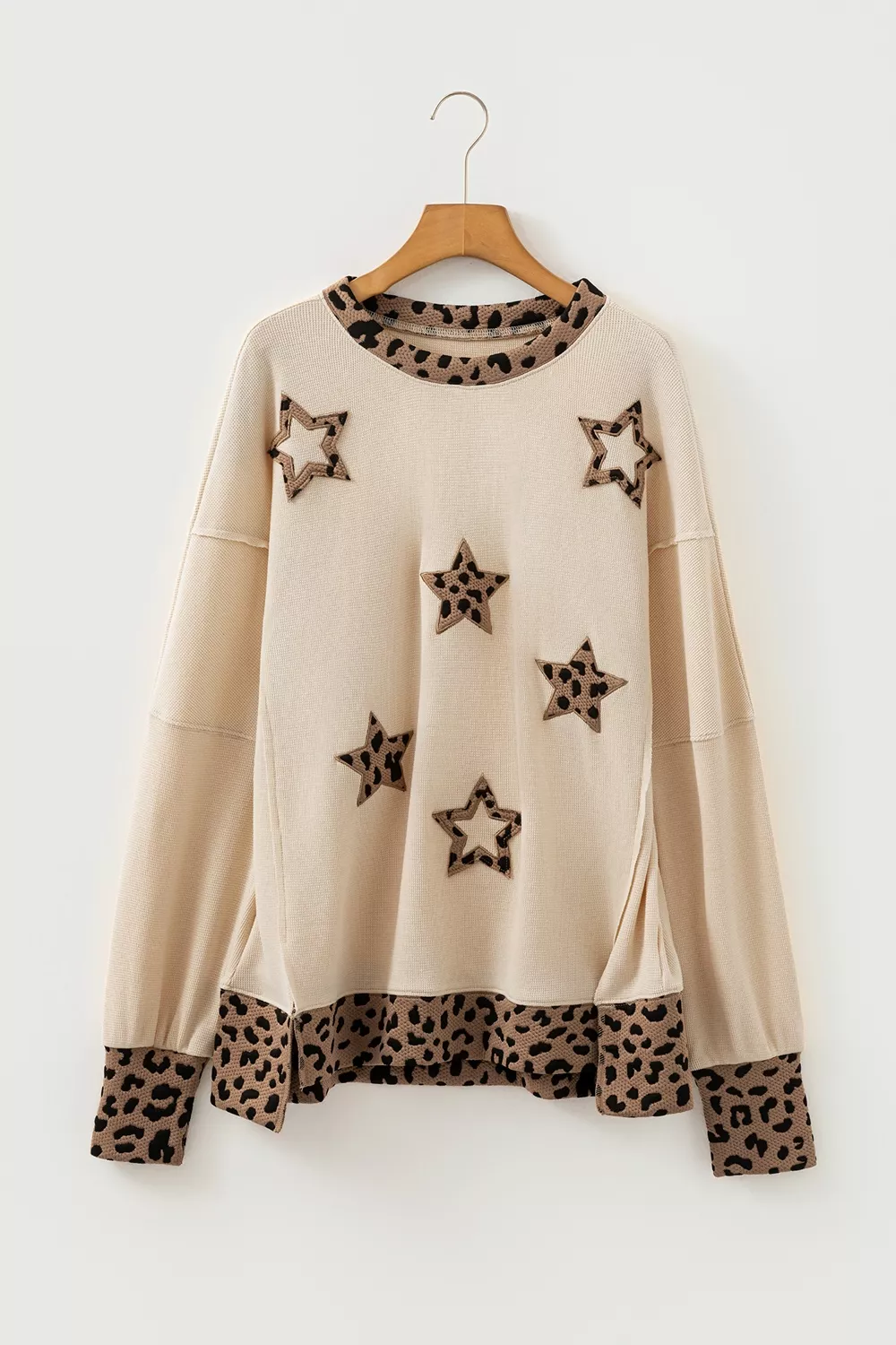 Contrast Leopard Star Patchwork Detail Raw Seam Baggy Sweatshirt, image 4