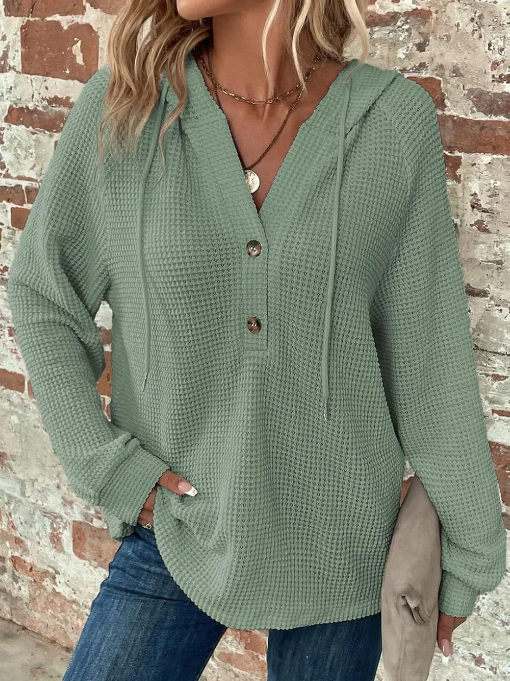 Waffle Knit Long Sleeve Drawstring Hooded Top, image 26
