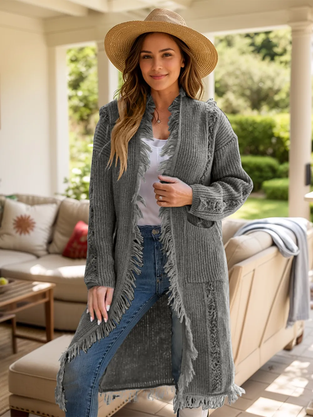 Fringe Open Front Long Sleeve Cardigan, image 2