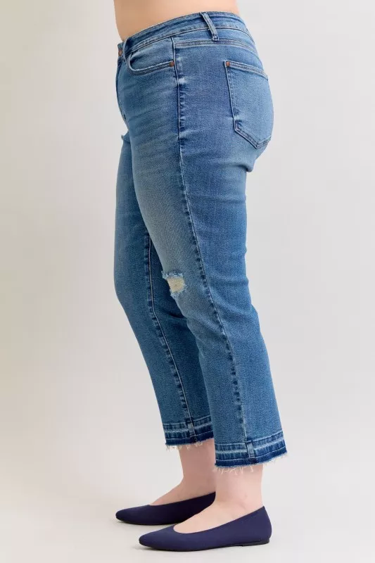 Full Size Mid Rise Bf Patch & Repair Destroy Release Hem Jeans Plus Size, image 6