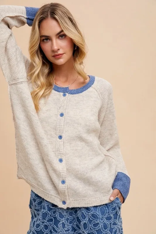 Contrast Trim Button Down Raglan Sleeve Cardigan, image 5