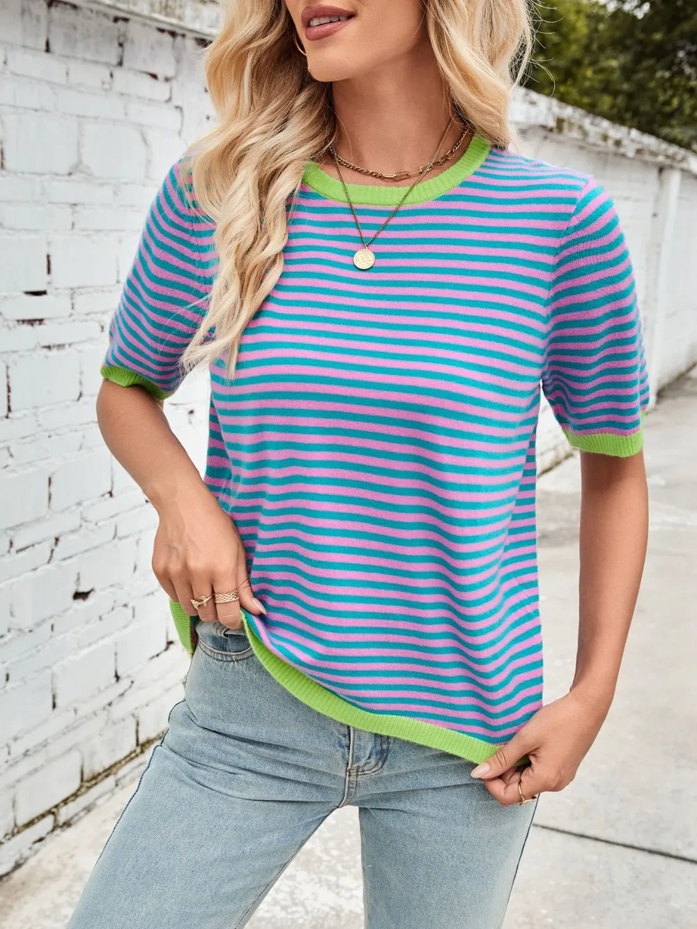 Striped Contrast Round Neck Half Sleeve Knit Top, image 10