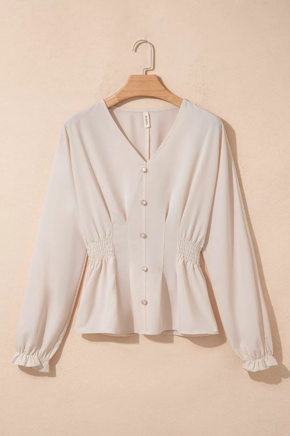 V Neck Long Sleeve Smocked Waist Elegant Blouse, image 3