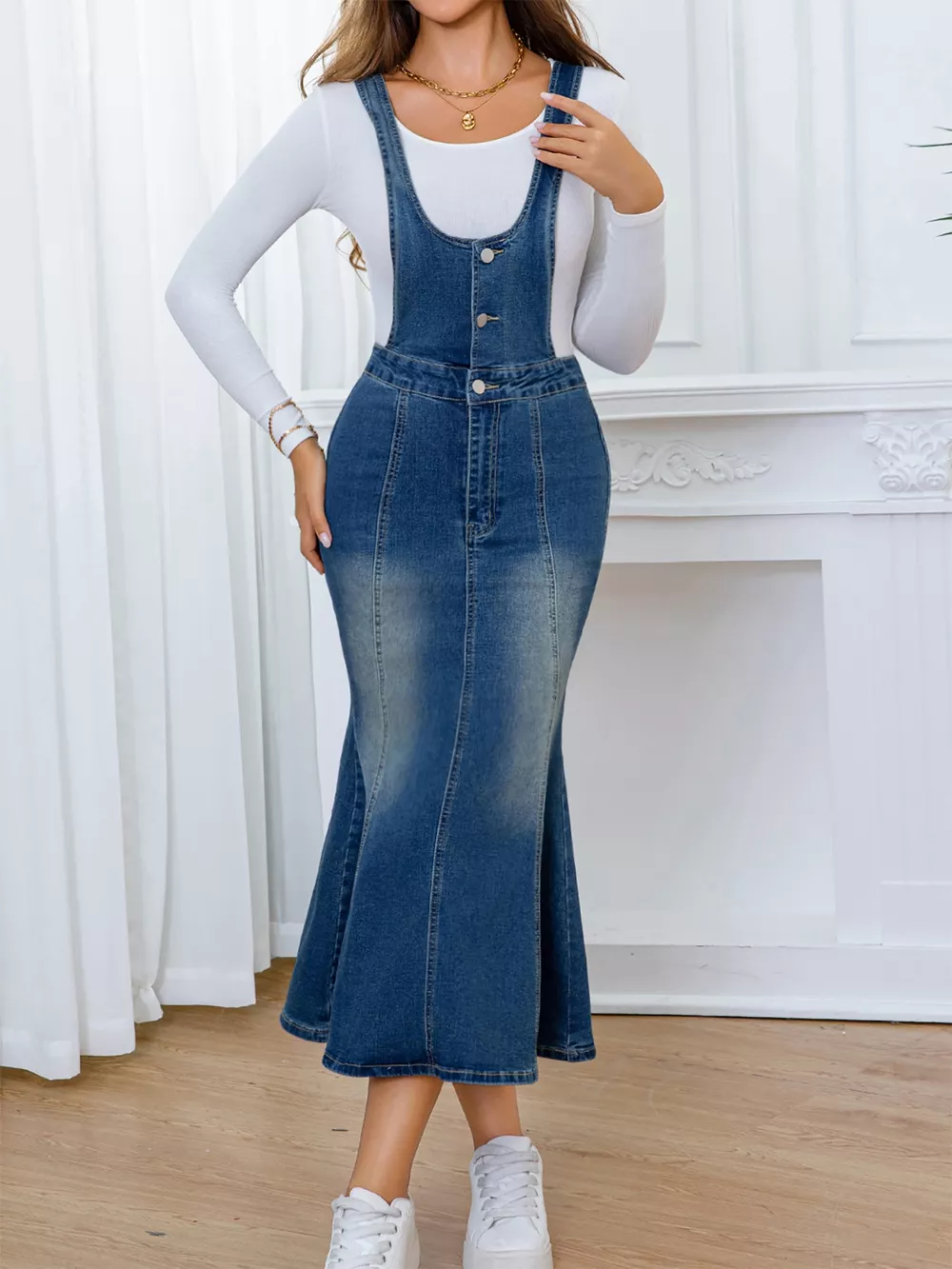 Front-Button Adjustable Fishtail Sleeveless Denim Overall Dress, image 4