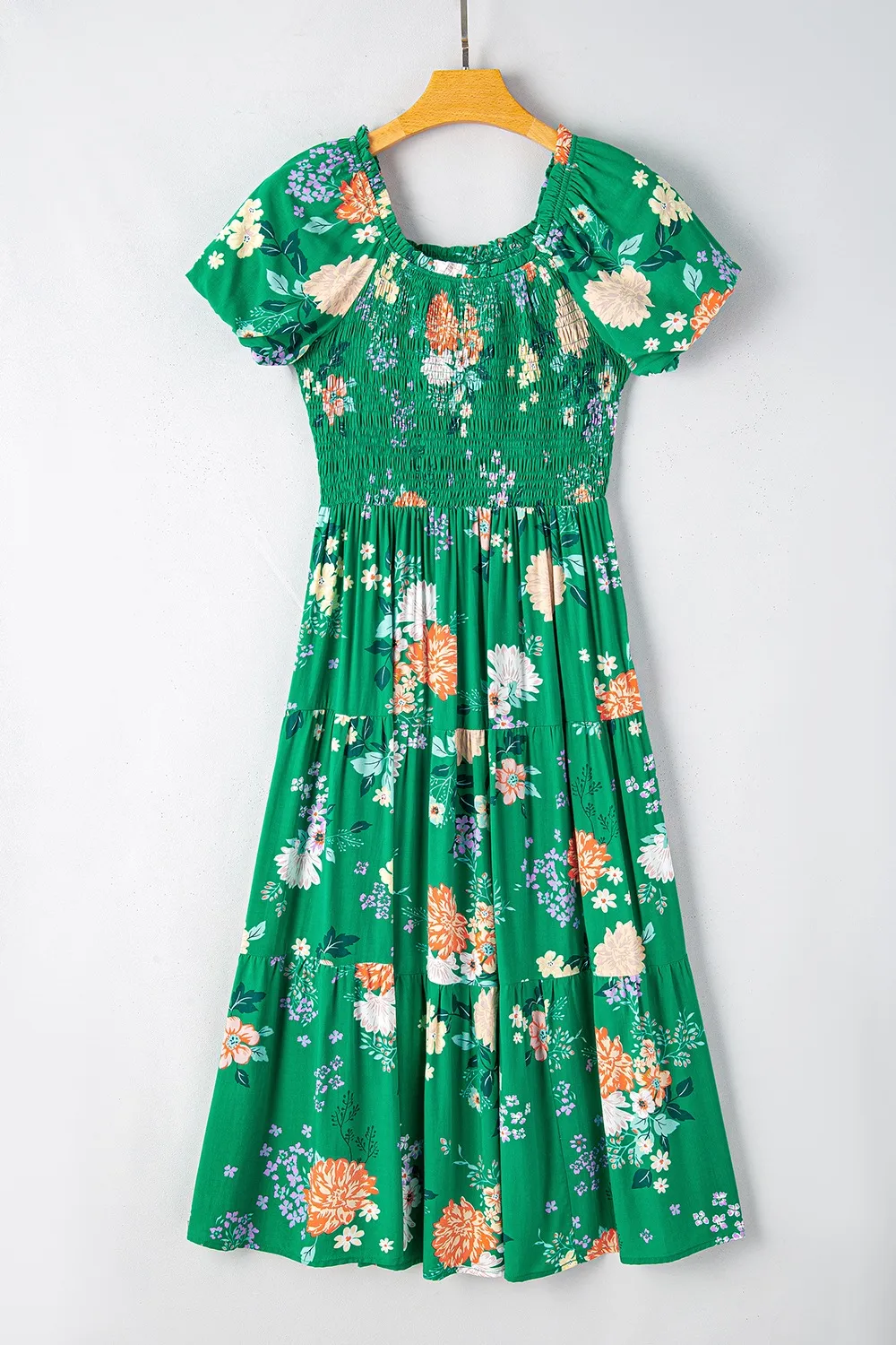 Floral Print Bubble Sleeve Smocked Tiered Midi Dress, image 9