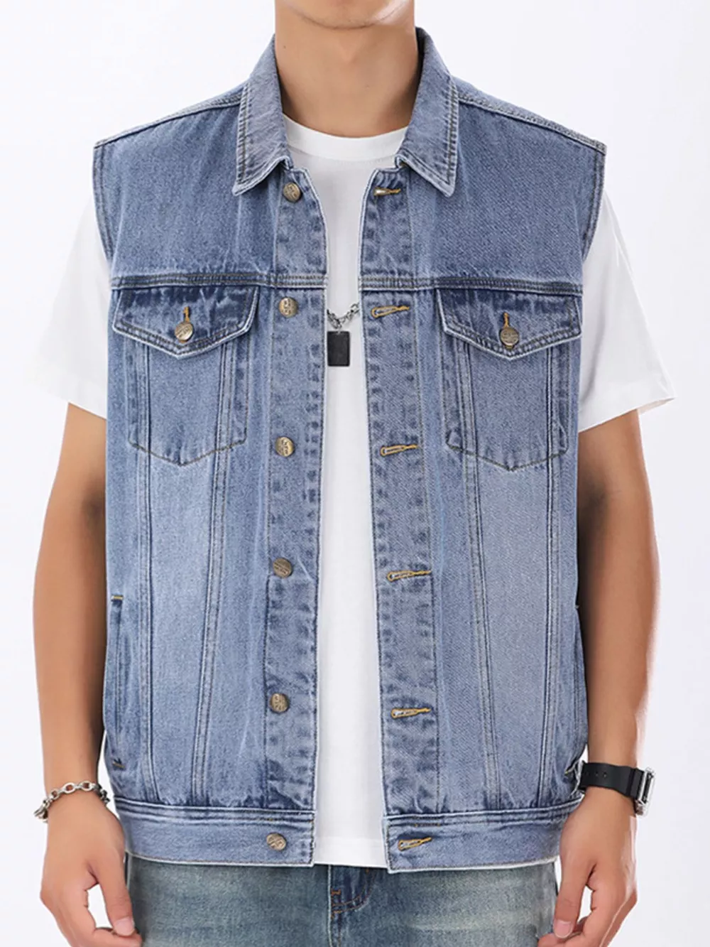 Men's Plus Size Vintage Washed Sleeveless Denim Vest, image 7