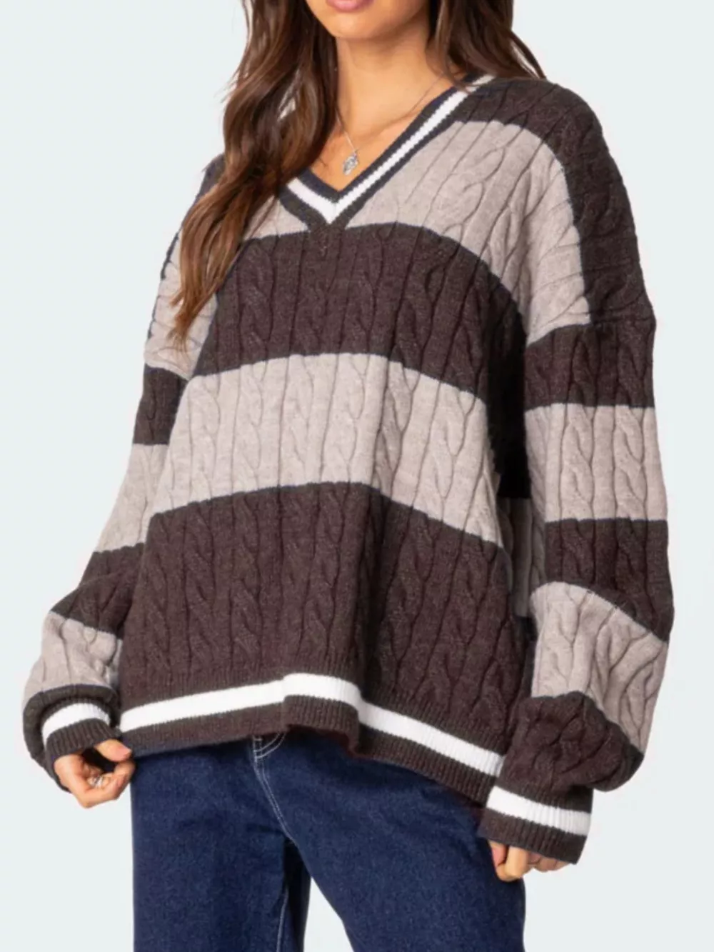 Striped Cable Knit V-Neck Sweater, image 6