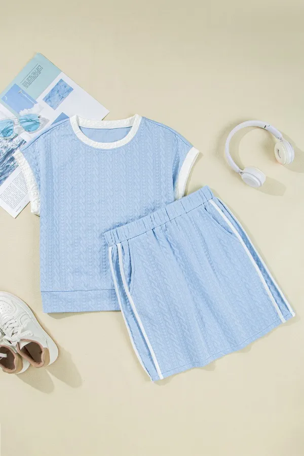 Contrast Trim Textured Crewneck Tee and Pocketed Skirt Set, image 9