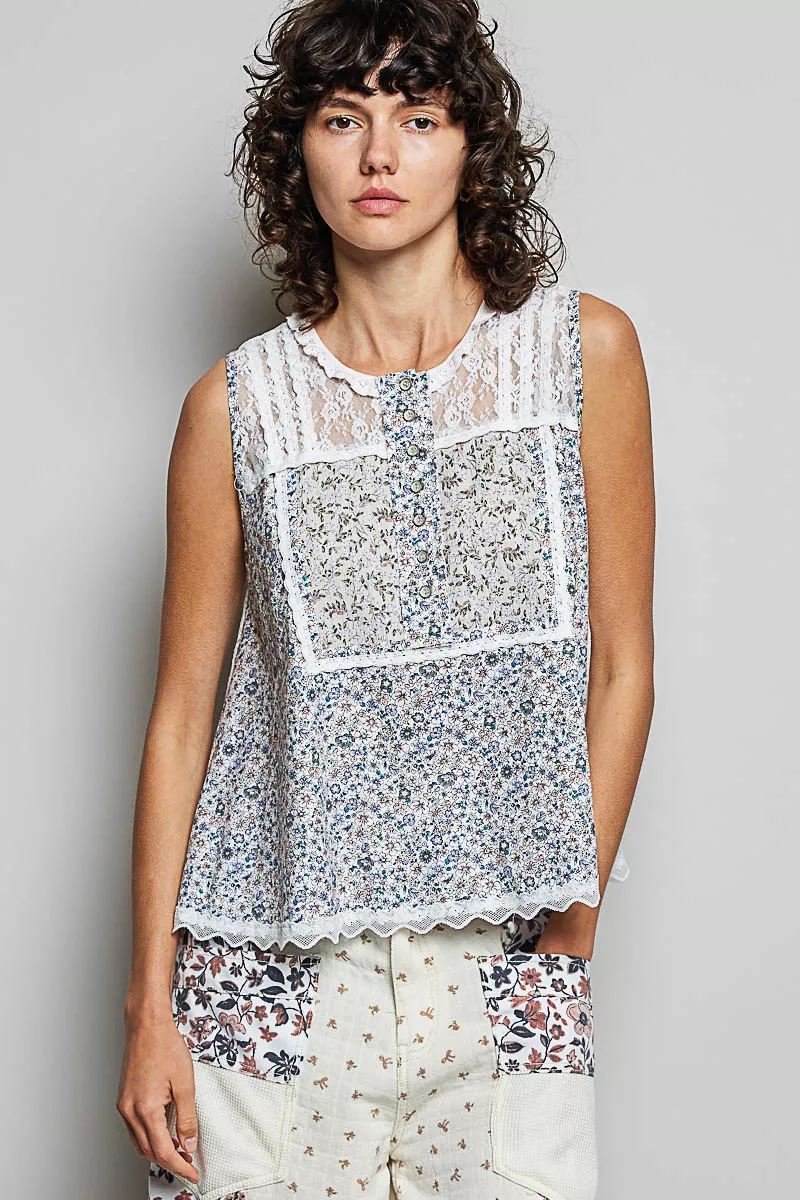 Printed Woven Lace Back Round Neck Sleeveless Top, image 6