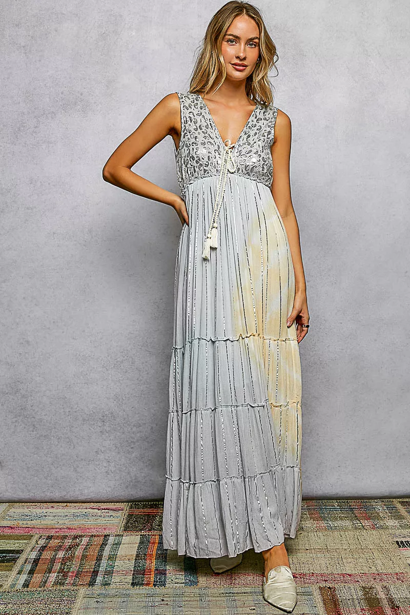 POL Deep V Sleeveless Cotton Bohemian Tiered Maxi Dress