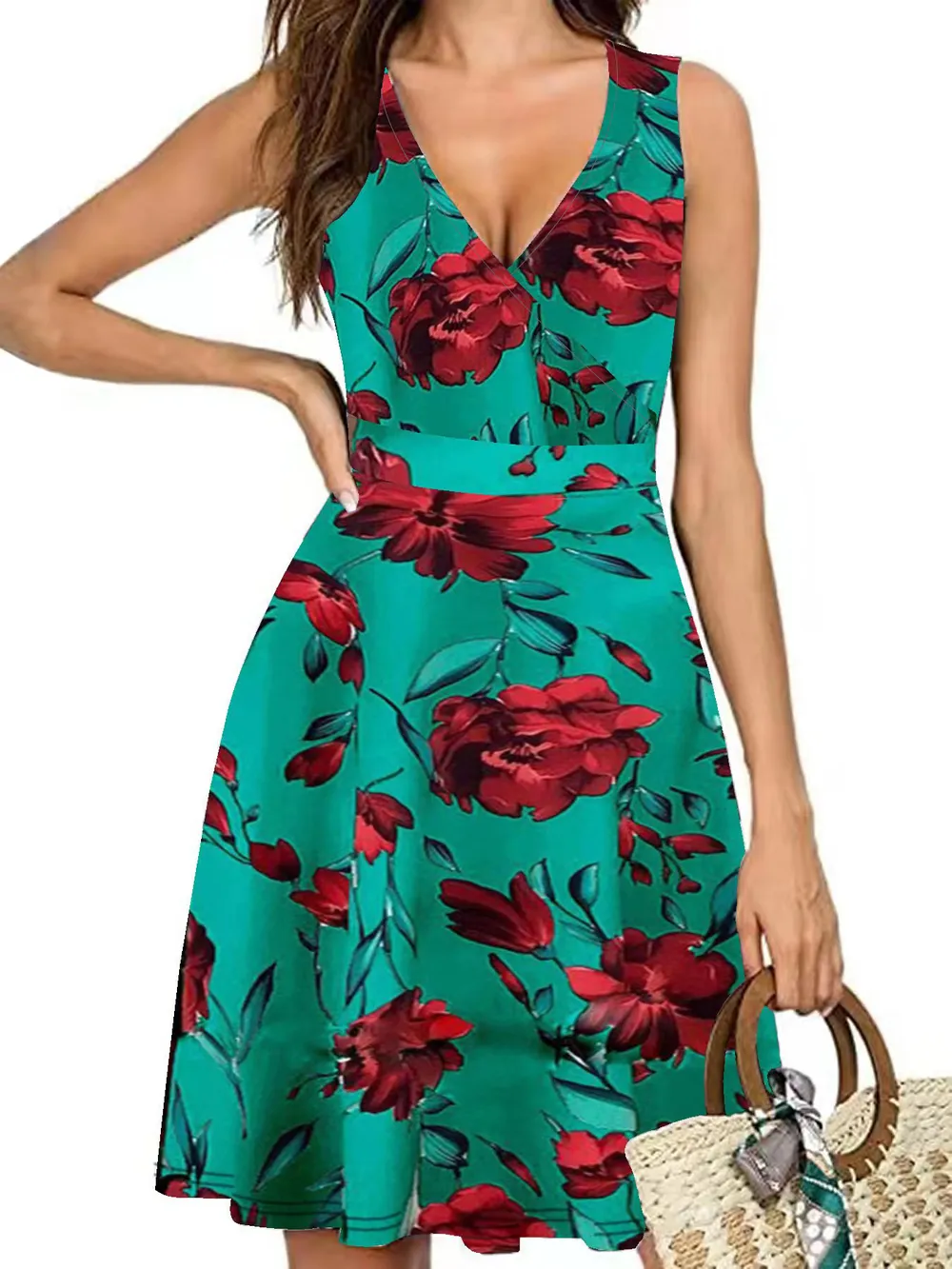 Printed Surplice Sleeveless Dress, image 6