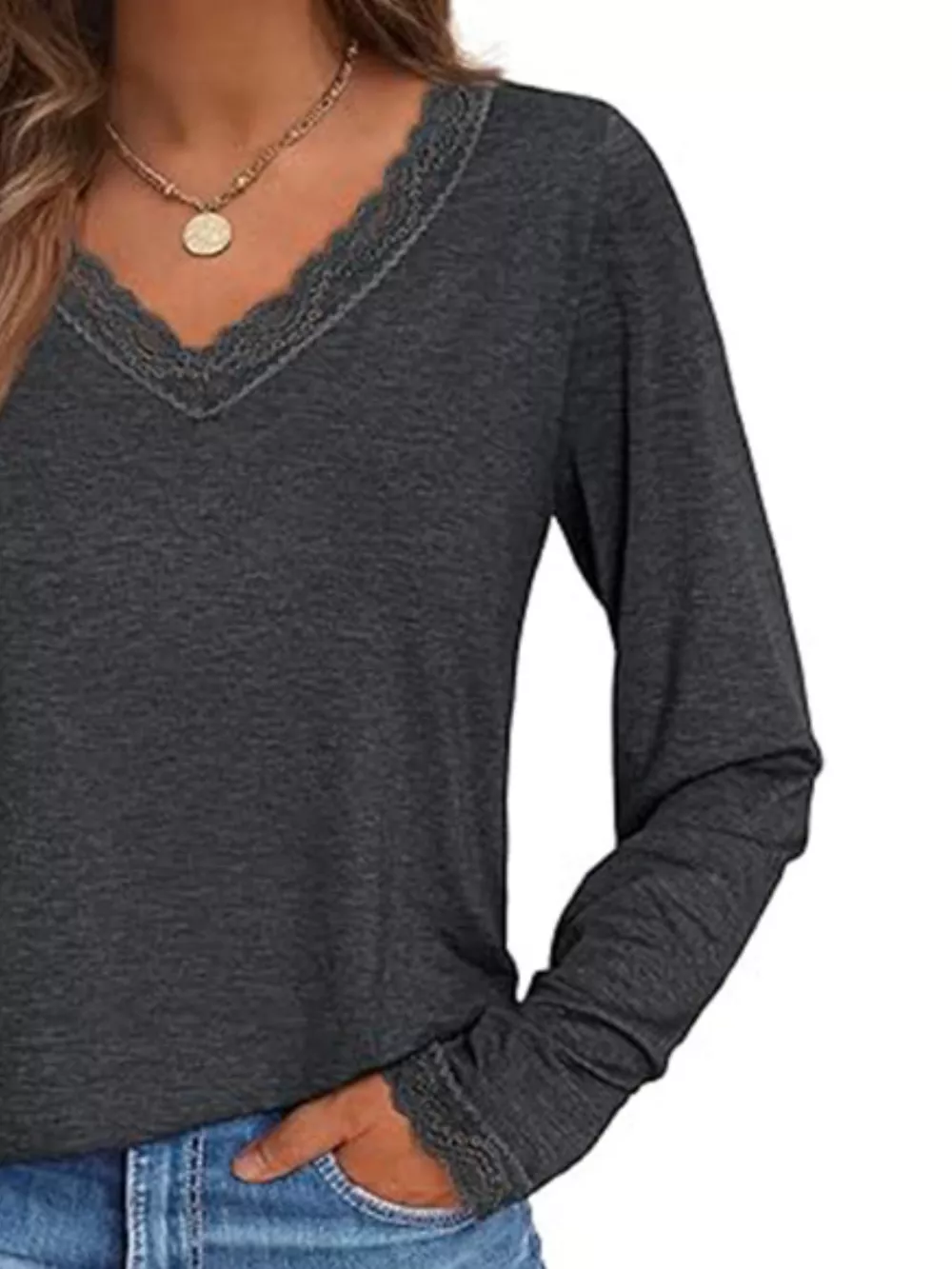 Lace Trim V-Neck Long Sleeve T-Shirt, image 15