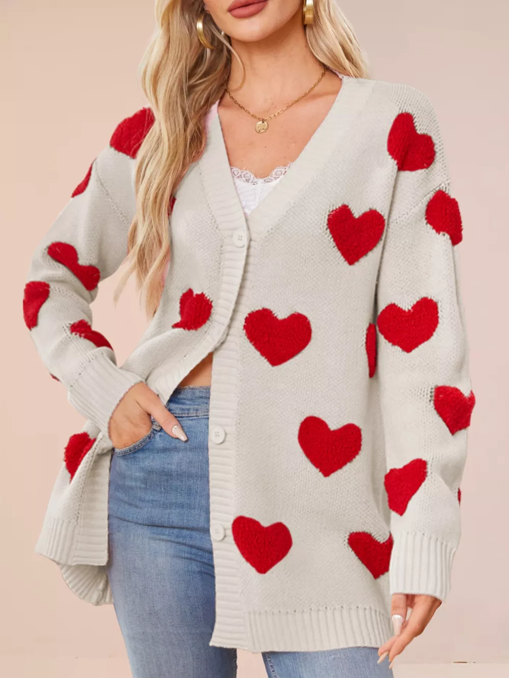 Heart Pattern Knit Button-Up Cardigan, image 13