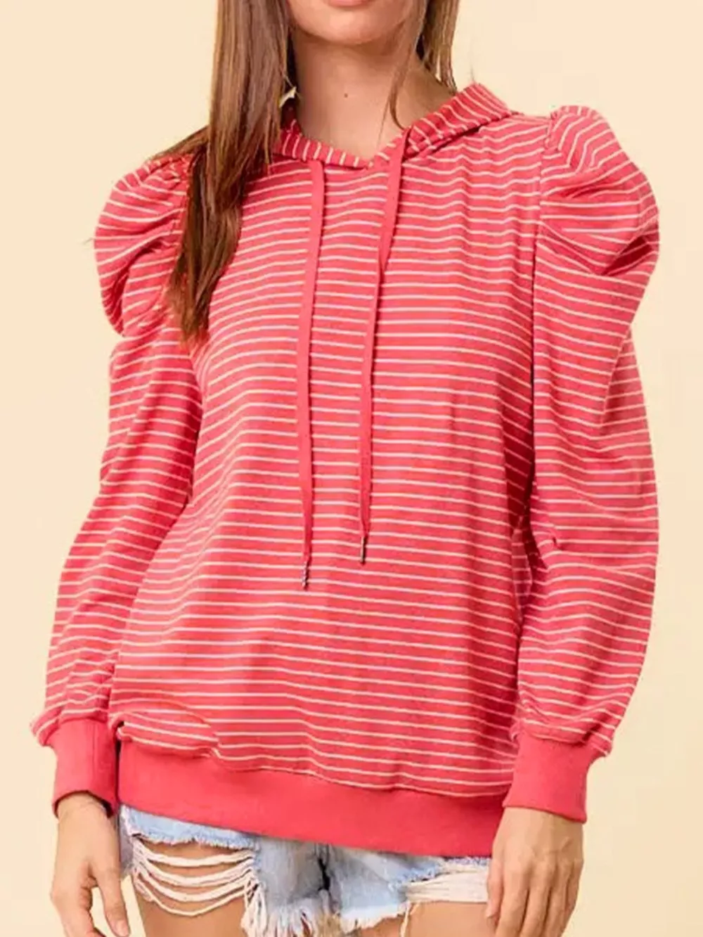 Striped Puff Sleeve Hoodie with Drawstring, image 5