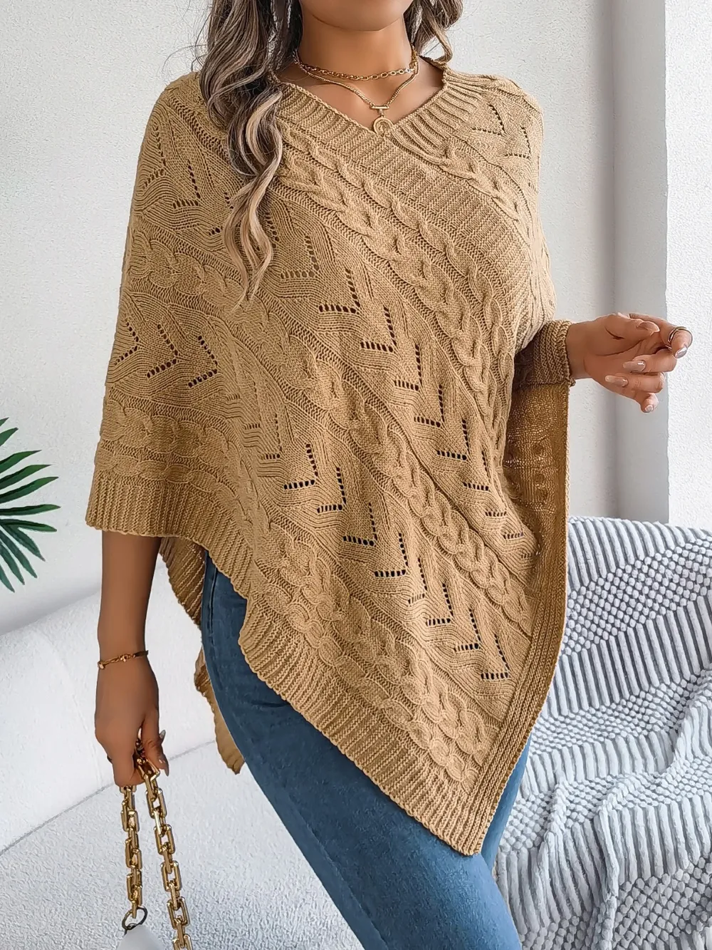 Cable-Knit Openwork Three-Quarter Sleeve Sweater, image 12