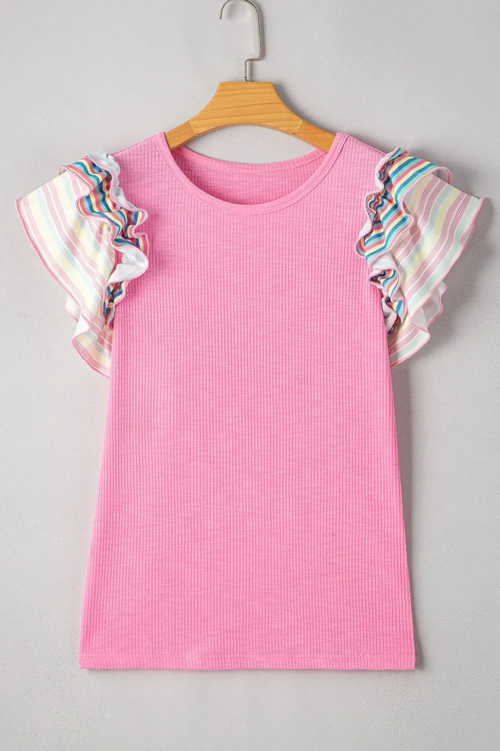 Striped Ruffle Flutter Sleeve Ribbed Blouse, image 8