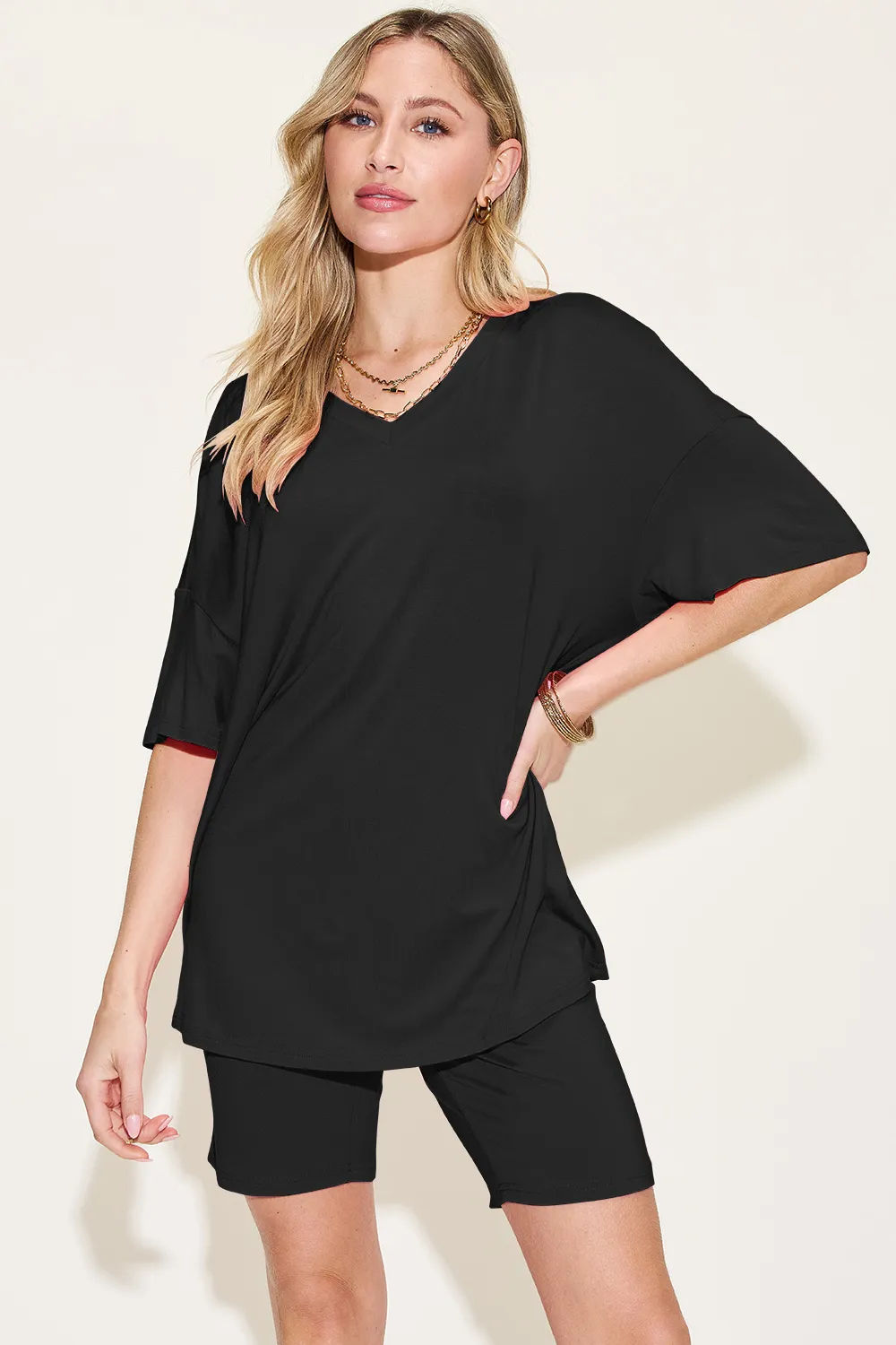 Bamboo Full Size V-Neck Drop Shoulder T-Shirt and Shorts Set