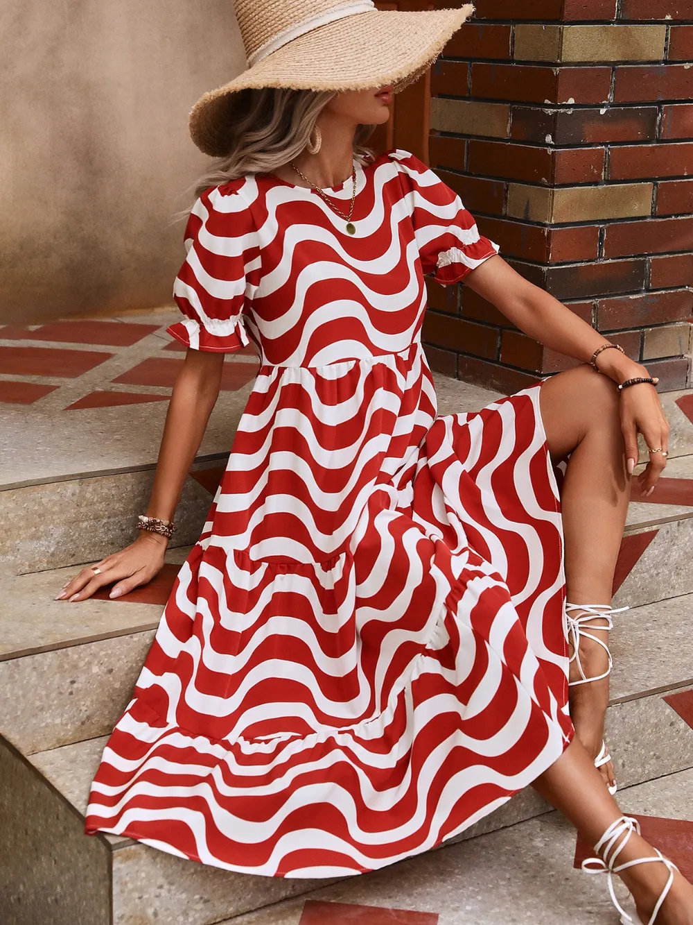 Wavy Striped Round Neck Short Sleeve Dress, image 20
